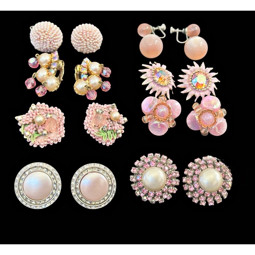 Vintage Earrings Lot Pink Weiss West Germany Japan Glass Rhinestone Reseller